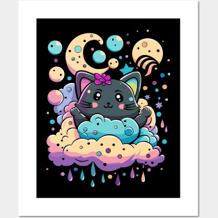 Cute Black Cat, night sky Posters and Art